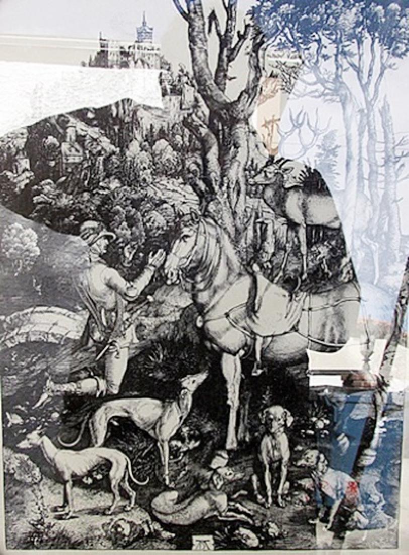 St Eustace - Albrecht Durer - Engraving 153U: An engraving showing St Eustace kneeling before a stag with a crucifix between its antlers. St Eustace was a Roman general who encountered a large stag while out hunting. He pursued the beast but foun