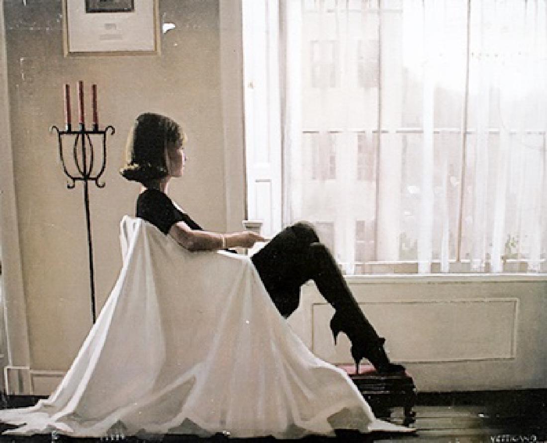 In Thoughts Of You - Jack Vettriano - Canvas: Canvas by Jack Vettriano. Born in Fife, Scotland in 1951, Jack Vettriano left school at sixteen to become a mining engineer. For his twenty-first birthday, a girlfriend gave him a set of watercolour p