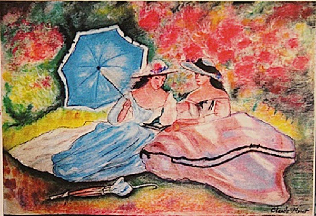 Claude Monet - Two Woman Reading: in the manner of Claude Monet "Two Woman Reading" pastel on paper circa. 1890, private collection approx. 19x13in. in the manner of Claude Monet was among the leaders of the French Impressionist movem