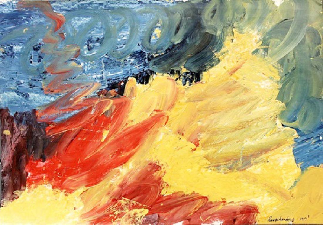 Robert Rauschenberg - Oil On Paper: Oil on paper by Robert Rauschenberg, approx. 20x14 in. Milton Ernest "Robert" Rauschenberg was an American painter and graphic artist whose early works anticipated the pop art movement.