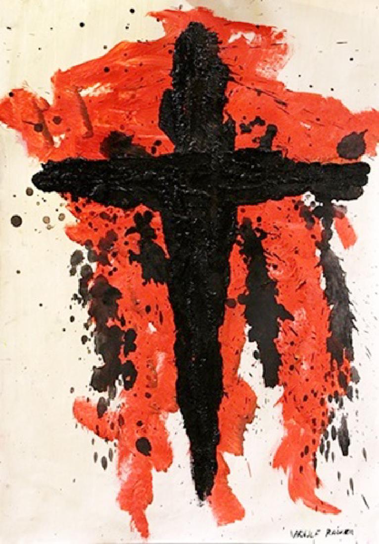 Cross - Arnulf Rainer in the style of - Oil On Paper: Oil on paper in the style of Arnulf Rainer, approx. 19x13 in. Arnulf Rainer, is an Austrian painter noted for his abstract informal art. During his early years, Rainer was influenced by Surrealism. In