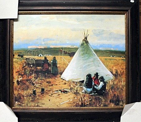 Framed By William Gaul-The Pow-Wow (7FO): Framed William Gilbert Gaul-The Pow-Wow Giclee on canvas approx. 27"x30" Gaul military and historical painter and illustrator. Comes with coa