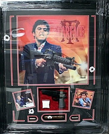 Framed Scarface Memorabilia (46FO): Framed Scarface Memorabilia scene pictures with toy gun/bullets and cigar approx. 37"x31" Each Item is Made one of a kind in the US to order and may vary slightly from image.