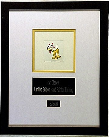 Licenced Disney Etchings Pluto: Licenced Disney Etchings "Pluto" hand colored, Limited Edition, comes in Beautiful custom matt & frame, approx dimension 14"x18".