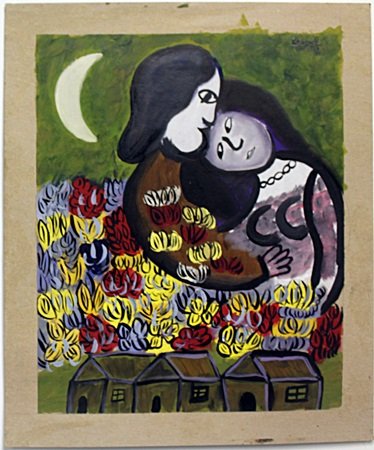 Oil "Los Enamorados / Lovers" - Signed Chagall 1950': Oil Painting on Paper, Hand Signed in the manner of Marc Chagall, Dated "1950" Size Approx. 14" x 12" in.