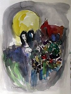 Watercolor on Paper, Signed Chagall: Watercolor Painting on Paper in the manner of Marc Chagall, Size Approx. 15" x 11" in.