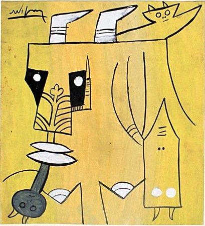 The Characters - Oil Painting on Paper - Wilfredo Lam: Pastel and Oil On Paper, Hand Signed, (Upper Left Corner) Condition: Slight Bends/Creases on Edges, Size Approx. 15" x 14" in.