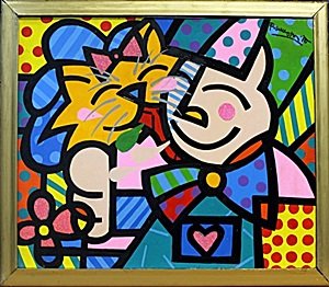 Girl & Cat - Oil Painting on Canvas by Romero Britto: Framed, Oil Painting on Canvas, Hand Signed by the artist, Size Approx.