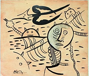 Mujer Con Nino - Oil on Paper by Wilfredo Lam: Oil Painting on Paper, after Wilfredo Lam bearing the signature. Size Approx. 16" x 14" in. Condition: Slight Bends/Creases on Edges