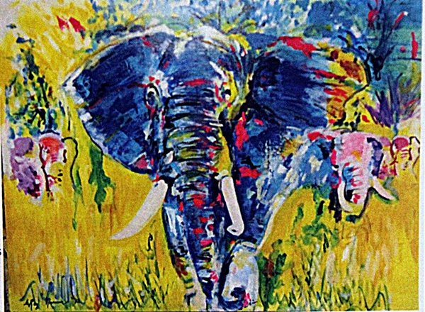 Leroy Neiman - Four Elephants: Oil, acrylic on canvas after Leroy Neiman "Four Elephants", circa 1969, private collection, unframed dimensions approximately 32x24. LeRoy Neiman (born Leroy Leslie Runquist, June 8, 1921 – June 20,