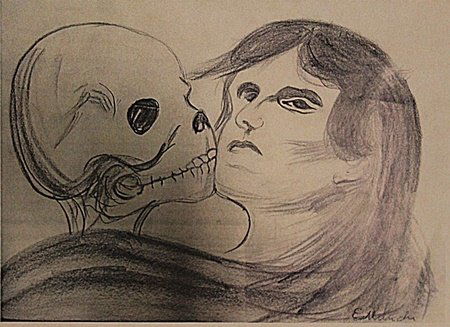 After Edvard Munch - The Lovers: After Edvard Munch "The Lovers " drawing on paper circa. 1920, private collection approx. 12x8in. After Edvard Munch was a prolific yet perpetually troubled artist preoccupied with matters of human mo