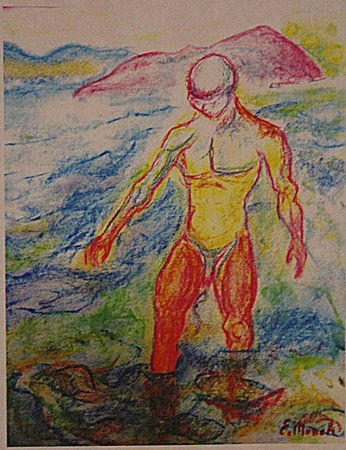 Edvard Munch - Man In The River: In the manner of in the manner of Edvard Munch "Man In The River" pastel on paper circa. 1929, private collection approx. 9x11in. in the manner of Edvard Munch was a prolific yet perpetually troubled