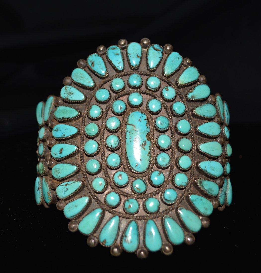 Zuni Cluster Bracelet: Bracelet, Zuni Cluster, Sterling Silver, Morenci Turquoise from Ben Harrison 12/14/1965, circa 1940