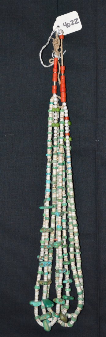 Navajo Turquoise Necklace: Beads, Morenci & Burnahm Turquoise, White Shell Heishi, 2 "Sing" Beads of Coral, White Round Glass Beads, Coral at Top, from Henry James (Medicine Man) 5/26/1960, circa 1920