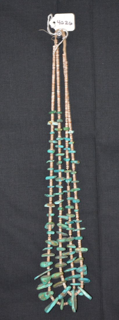 Navajo Turquoise Necklace: Old Beads, Hand Cut, Polished & Hand Drilled, Fox & Morenci Mines, Olivella Shell Heishi, Squaw Wrapped. From Graham Begay 5/1/1962, circa 1920 Note: Condition indicates probably Buried Under Dirt at