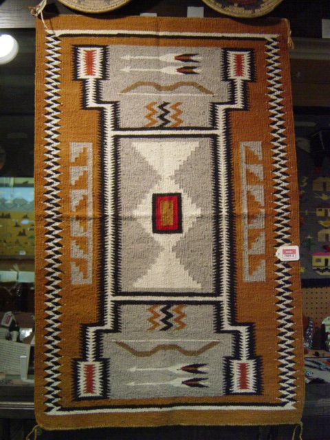 Navajo Rug: Navajo Storm Pattern Rug, Hand Spun Wool, 31"x44", Vegetal & Red Analine Dye, Wool Warp, Modified Storm Pattern by Martha Francis 1973