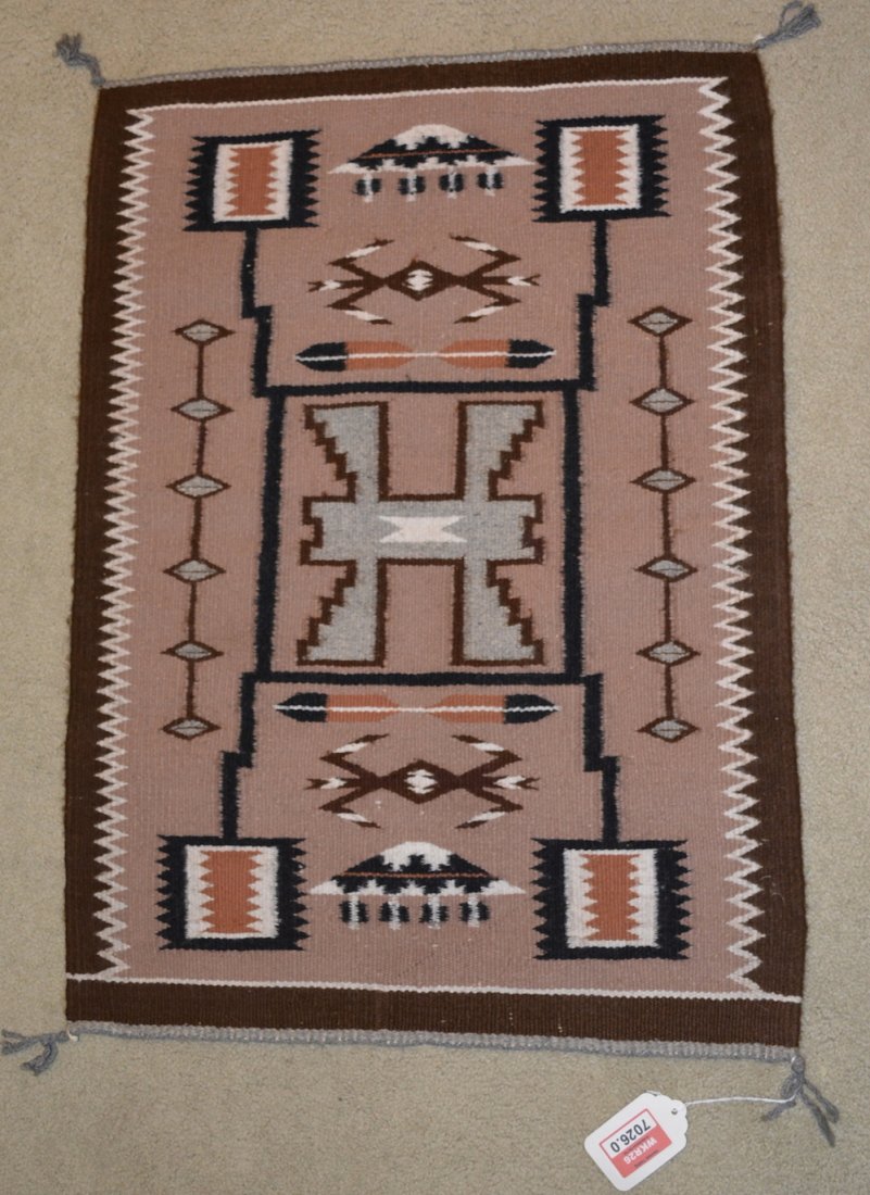 Navajo Rug: Navajo Rug - Storm Pattern - 20"x27" Processed Wool Yarn, Wool Warp by Lillian Begay