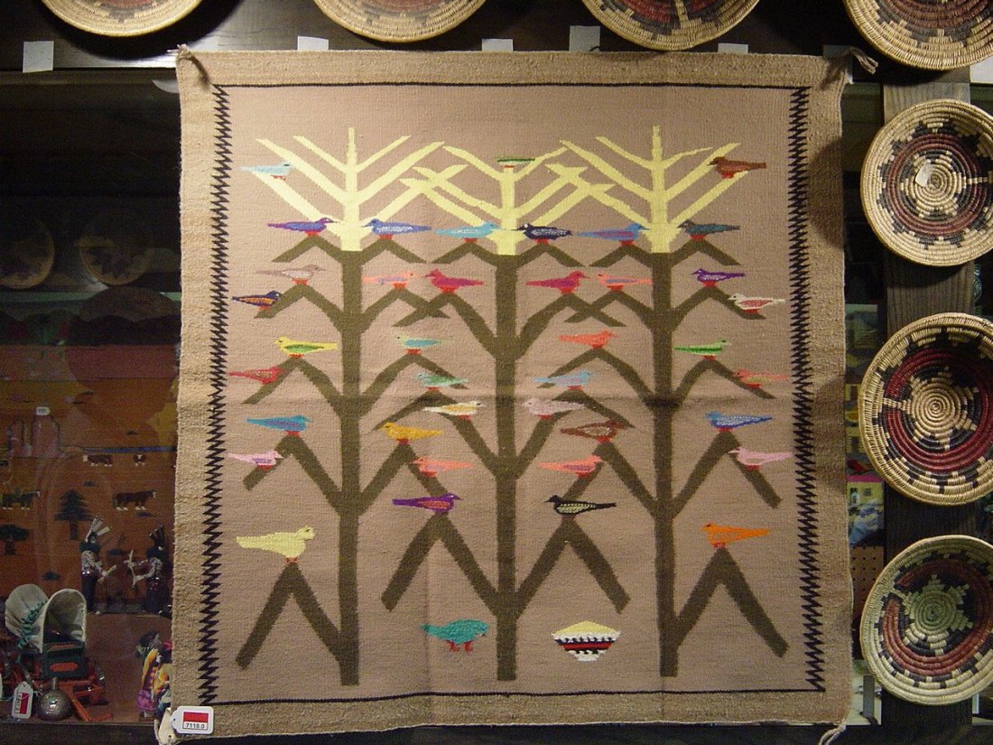 Navajo Rug: Navajo Rug - 3 Trees of Life by Ellen Salazar - 84"x42"