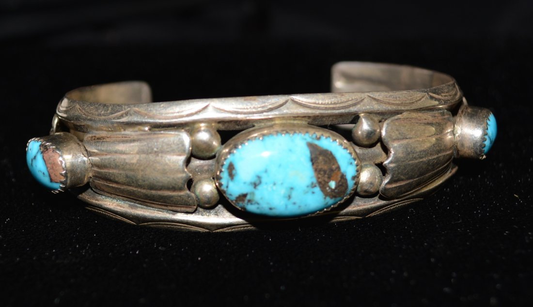 Navajo Turquoise Bracelet: Bracelet, Three Stones, Carlin Nevada, Turquoise, Sterling Silver, Stamped Triangle Wire with Silver Ornamentation, Bought from Polly James 10/24/1970, Circa 1970