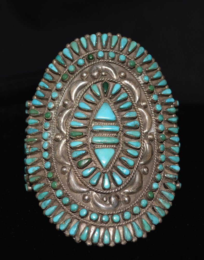 Zuni Cluster Bracelet: Bracelet, Zuni Cluster, Seven Stones Missing, Morenci Turquoise, Sterling Silver from David Stanley 8/7/1963, circa 1950