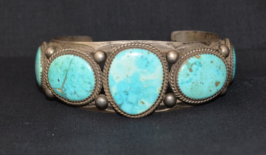 Navajo Turquoise Bracelet: Bracelet, Old Navajo, Square Cut Turquoise, Fox & Other Turquoise Mines, Sterling Silver, from Cody Hat 10/11/1971, circa 1920