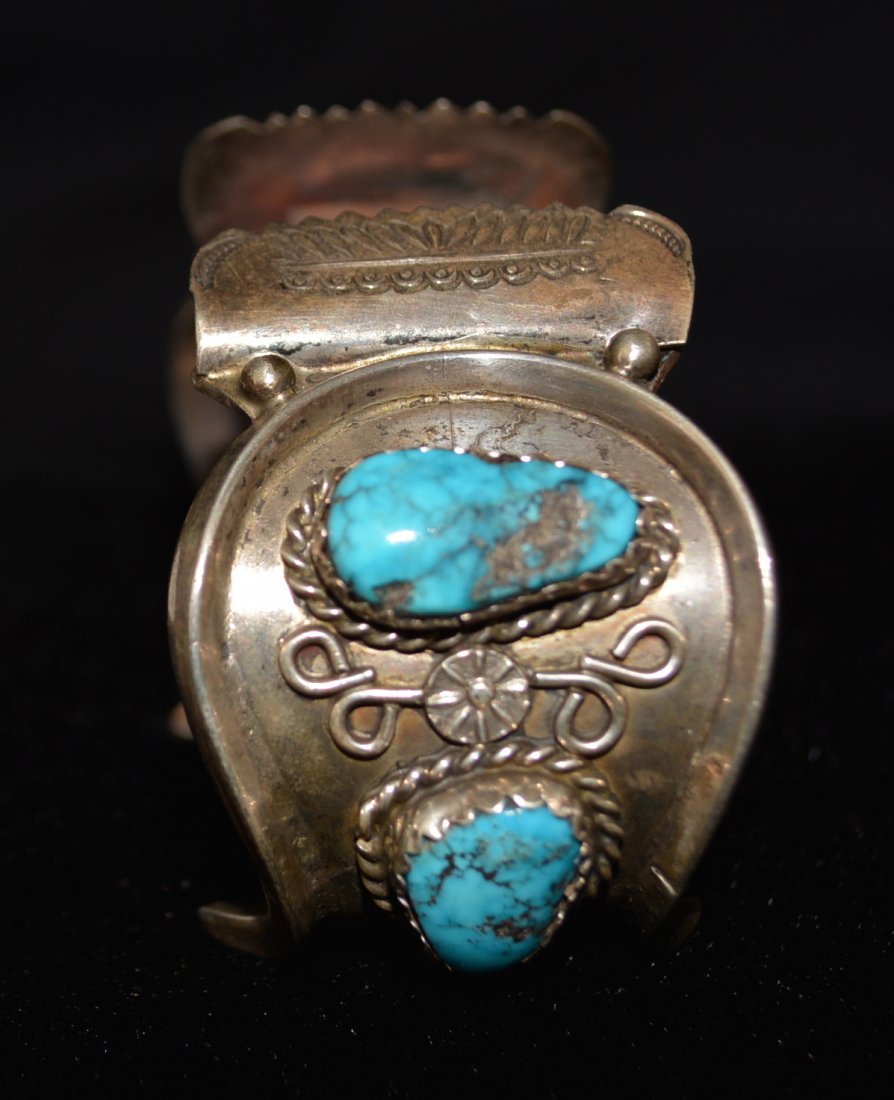 Navajo Watch Band: Navajo Turquoise and Silver Watch Band, circa 1960