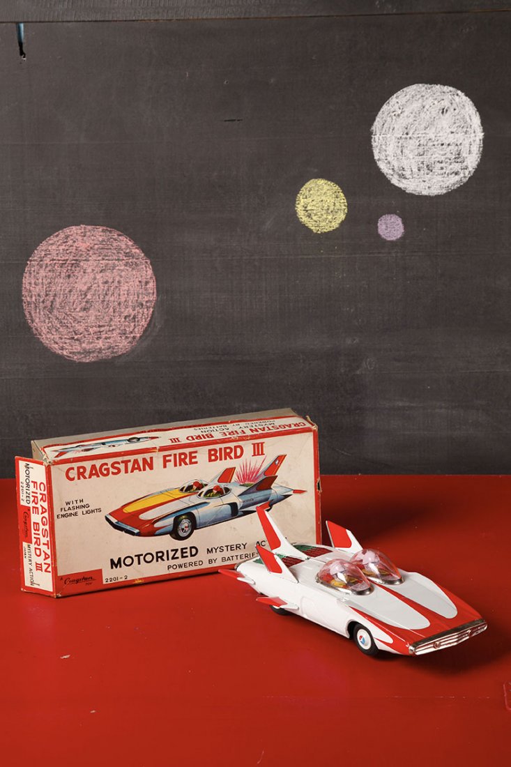 Japon Battery toy 1962 Alps - Cragstan: Fire bird IIIBoite non d'origine mais couvercle ancienL. 29 cmTin litho battery operated Fire Bird IIIJ unoriginal box but an old cover