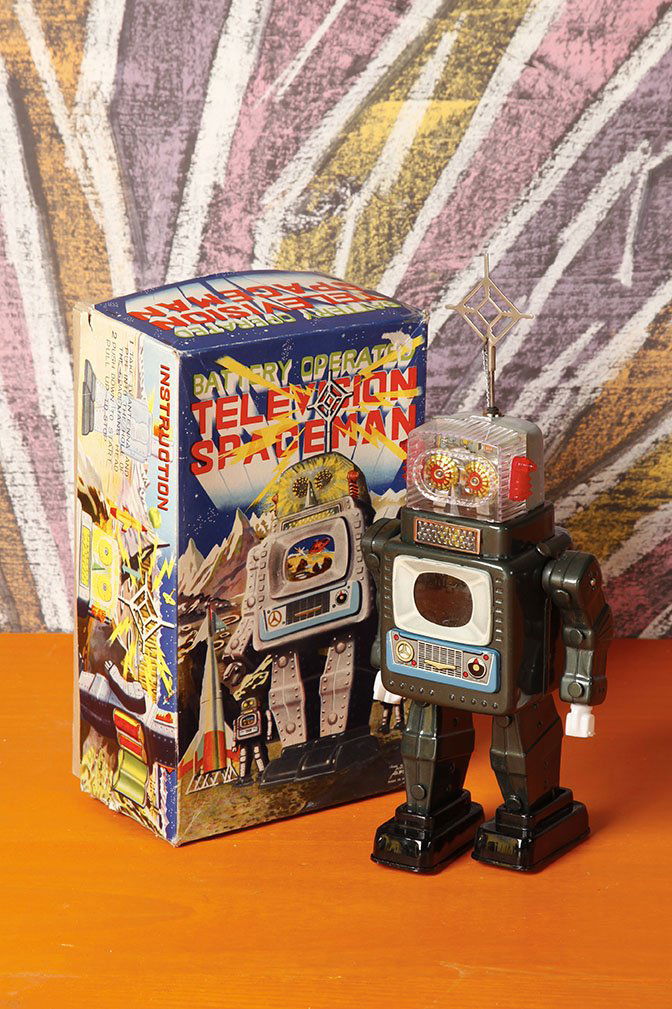 Japon Battery toy 1959 Alps: Television Space ManH. avec antenne 38 cmTin battery operated Television Space Man