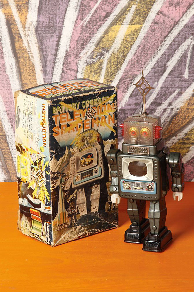 Japon Battery toy 1962 Alps: Television space manBoite d'origineH. 36 cmTin litho battery operated Television Spaceman with original box