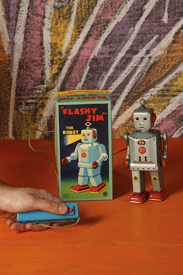 Japon Battery toy filoguide 1955 SNK: Flashy Jim the robot R7Boite reeditionH. 17 cmTin litho battery operated Flashy Jim the robot with reissued box
