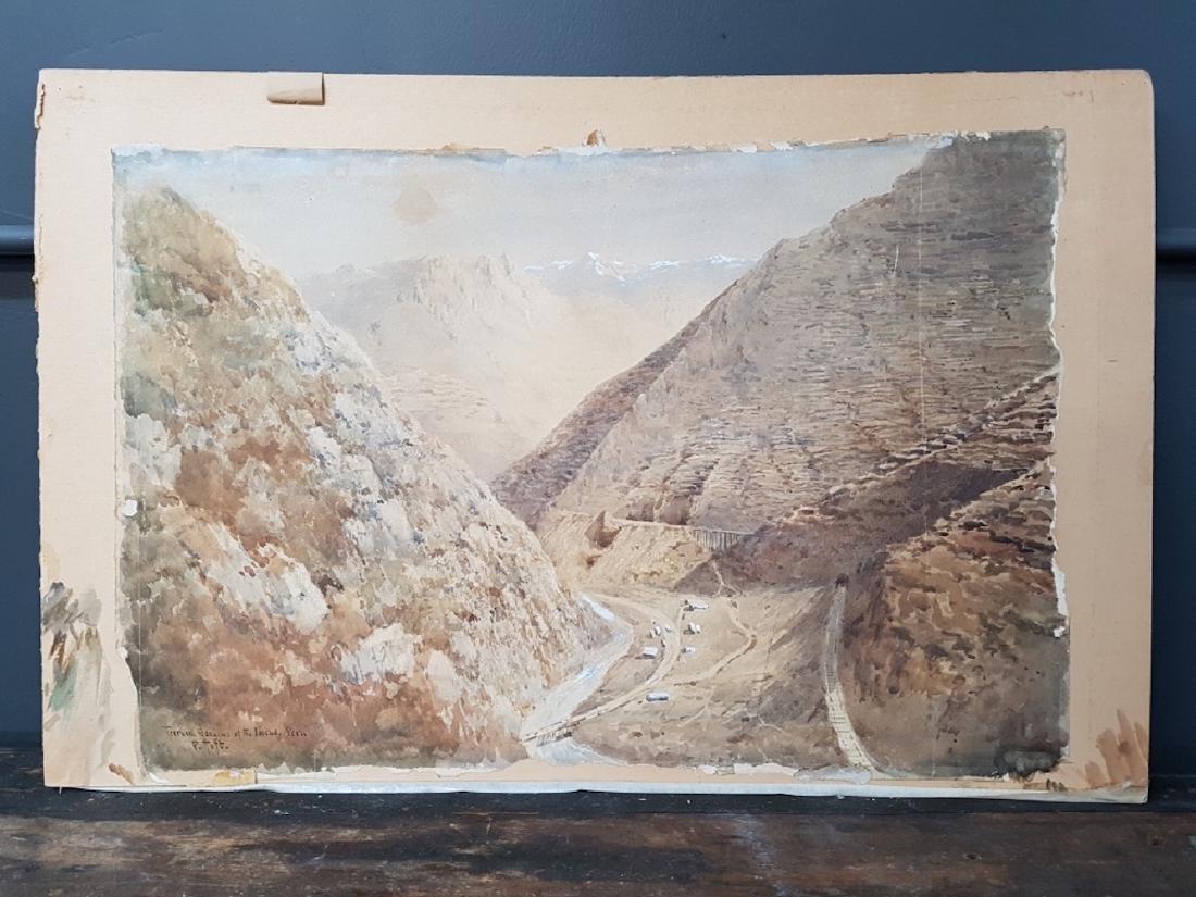 19th Century Watercolour by P. Toft: 19th Century Watercolour by P. Toft, Terraced Gardens of the Incas, Peru, unframed 22" x 15"
