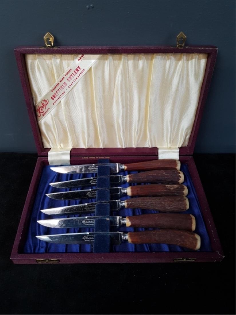 Kirk's Sheffield Antler Handled Steak Knives: Set of 6 Kirk's Sheffield Antler Handled Stainless Steel Steak Knives in Original Box