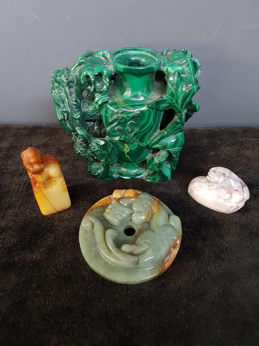 Lot Of Chinese Carvings Jade Dragon Pig Malachite: Lot Of Chinese Carvings Jade And Dragon And Pig Malachite Vase 3.5" X 4" Pig 1.5" Dragon Seal 2" Jade Cat 2.5" D