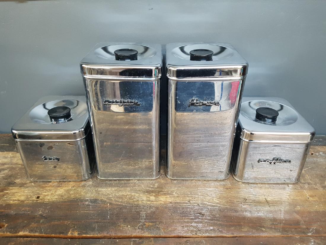 Lot of 4 Vintage Kenmore Chrome Kitchen Canisters: Lot of 4 Vintage Retro Mid Century Kenmore Chrome Kitchen Canisters Coffee, Tea: 6" x 5" x 4.5" Flour, Sugar: 6" x 5" x 9"