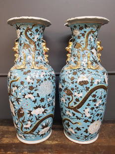 Pair of Large Chinese Turquoise Dragon Vases: Pair of Large Chinese Turquoise Dragon Vases 24 inches tall Loss to dragon, large chip to rim, see photos