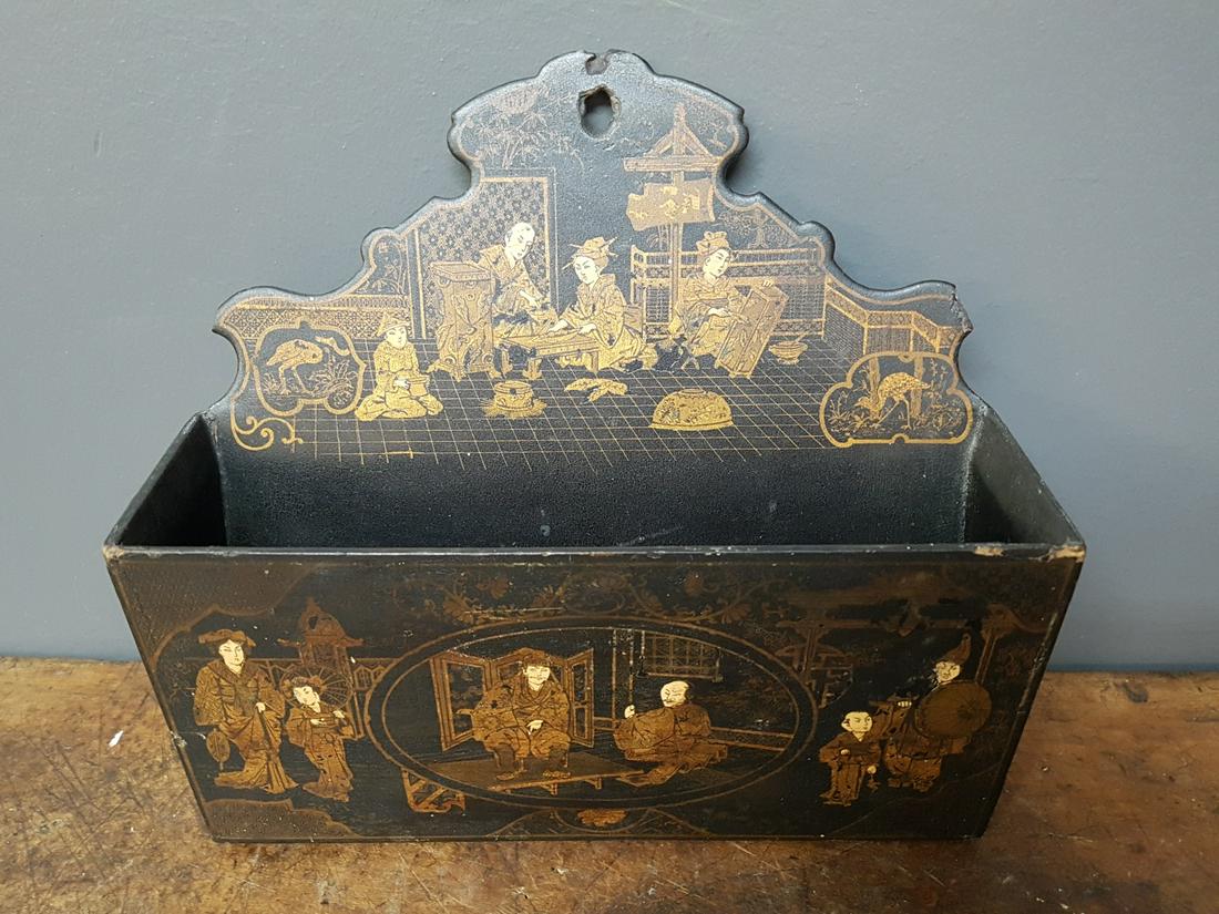 Antique Black And Gilt Japanned Hanging Letter Box (1 of 4)