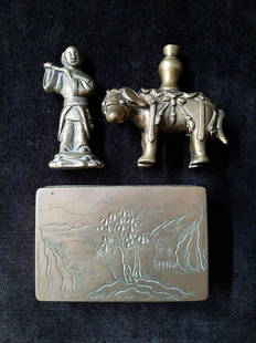 Lot Of 3 Chinese Bronzes Figural, Decorative Box: Lot Of 3 Chinese Bronzes, Figural, Decorative Box Man With Flute 2.75 Inches Elephant 3 X 3 Inches Box 3.5 X 2.5 Inches