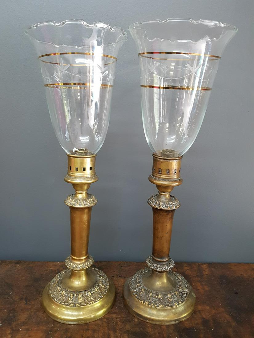 Pair of Antique Brass Hurricane Candlesticks (1 of 3)