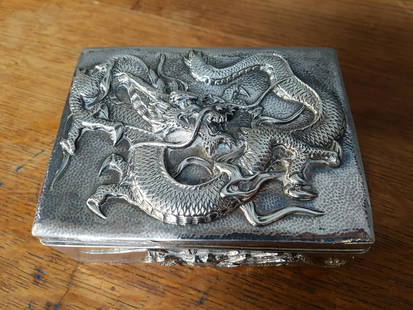 Japanese Silver Repousse Wood Lined Dragon Box: Japanese Silver Repousse Wood Lined Dragon Box 5 X 4 X 2 Inches 300 Grams, Lined