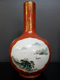 Chinese Porcelain Orange And Gold Vase: Chinese Porcelain Orange And Gold Vase Marked on base 12 inches tall