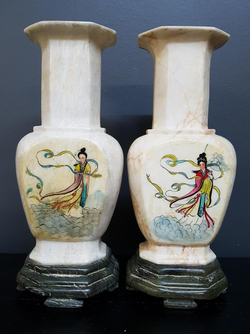 Pair Of Chinese Soapstone Vases Hand Painted Oct 03 2019