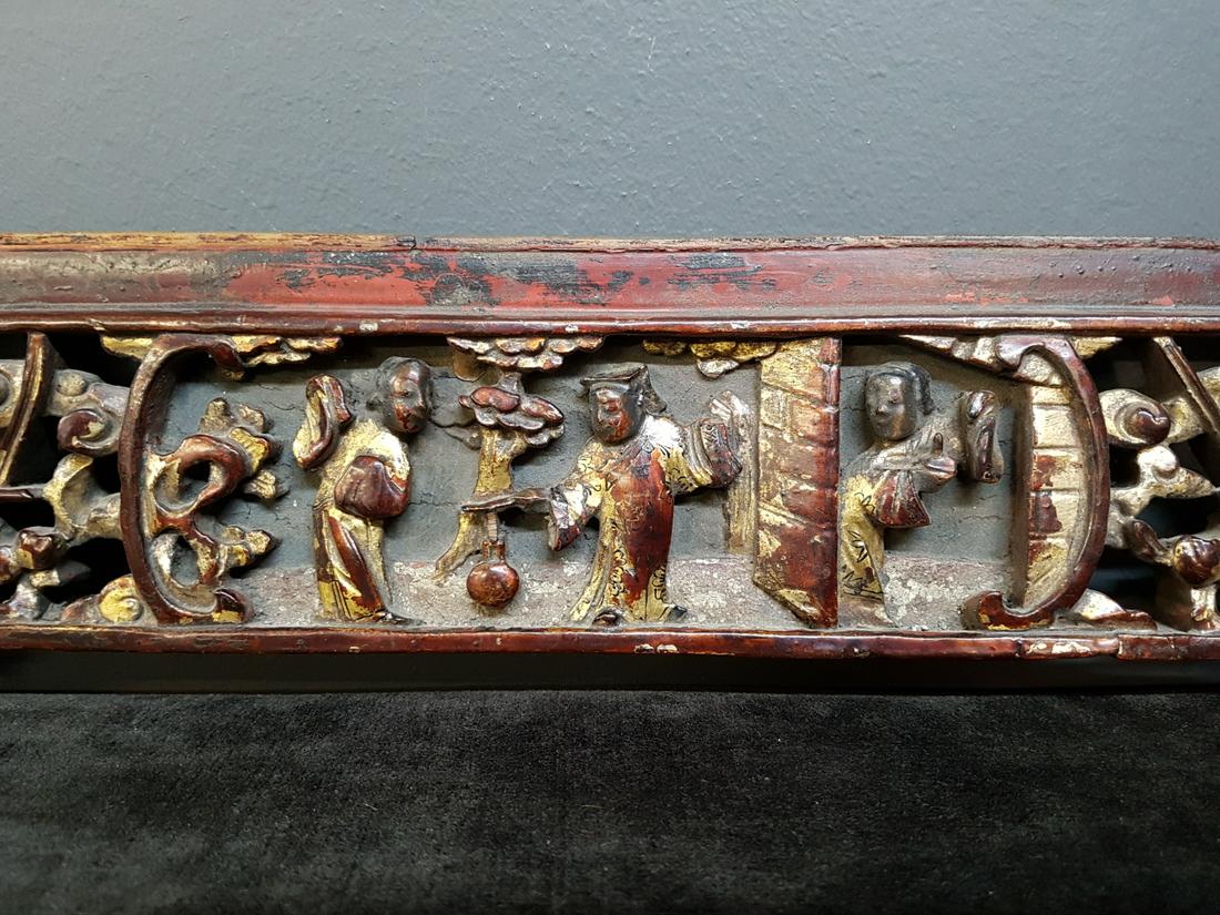 Chinese Red Lacquer, Gilt Carved Figural Panel (1 of 8)