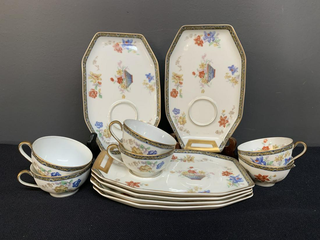Limoges Haviland Ganga Hostess Set for Six: Limoges Haviland Ganga Hostess Set for Six, Mappin & Webb One handle has broken off the teacup, but can be reglued. Trays measure 9 x 5.75 inches