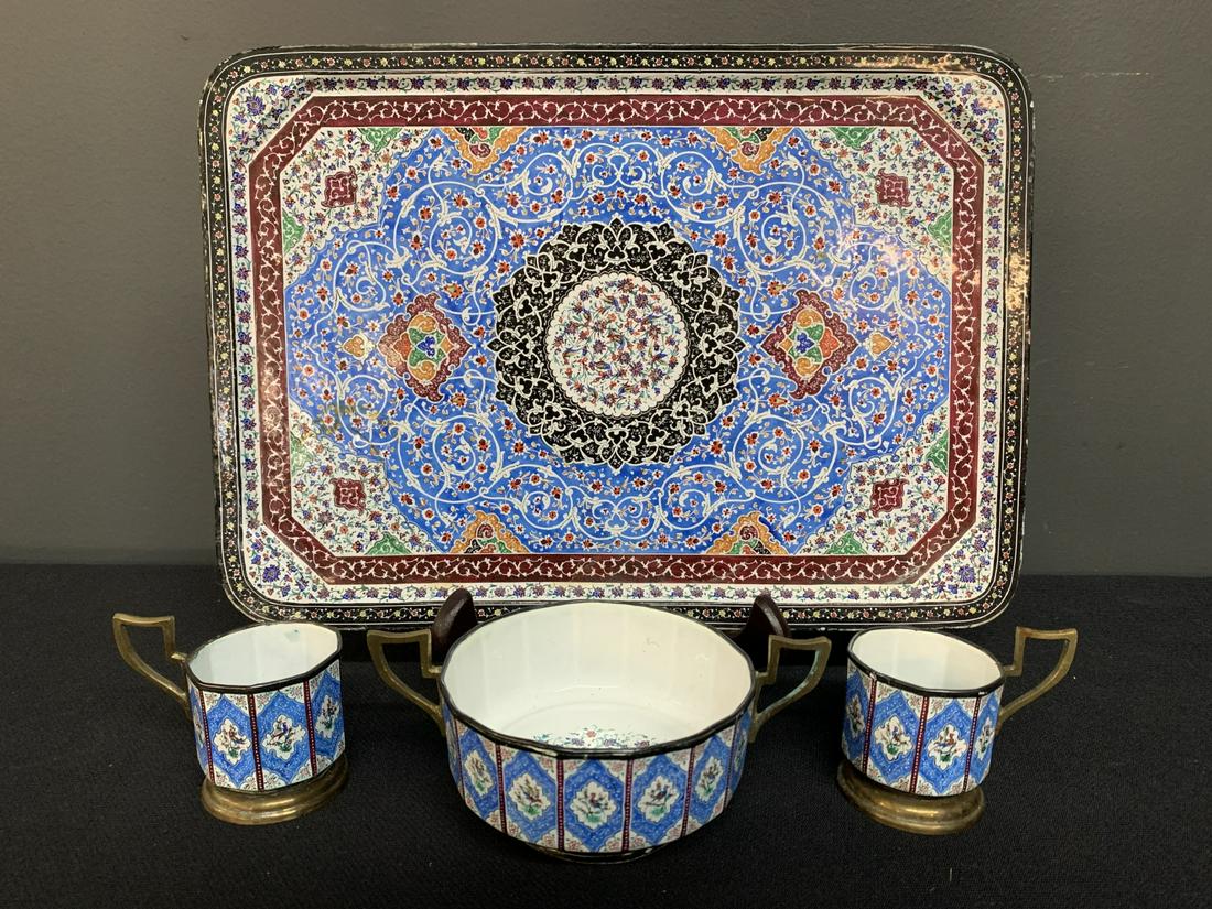 Persian Antique Enameled Tray and Cups Birds: Persian Antique Finely Painted Enameled Tray and Cups Birds 2 Demitasse cups - 2 x 2 inches, 3 x 2.5 inches 1 Small bowl - 4 diam x 2 inches high, 6.25 x 2.75 inches including handles 1 Tray - 13 x 9