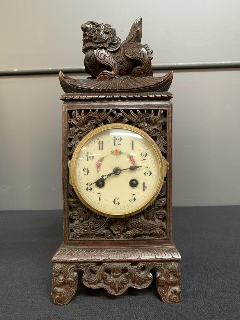 19th C. Carved Wood Pagoda Clock With Foo Dog (1 of 10)