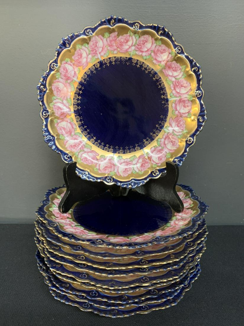 19th C Austrian Set of Cobalt Gilded Plates, Roses (1 of 5)