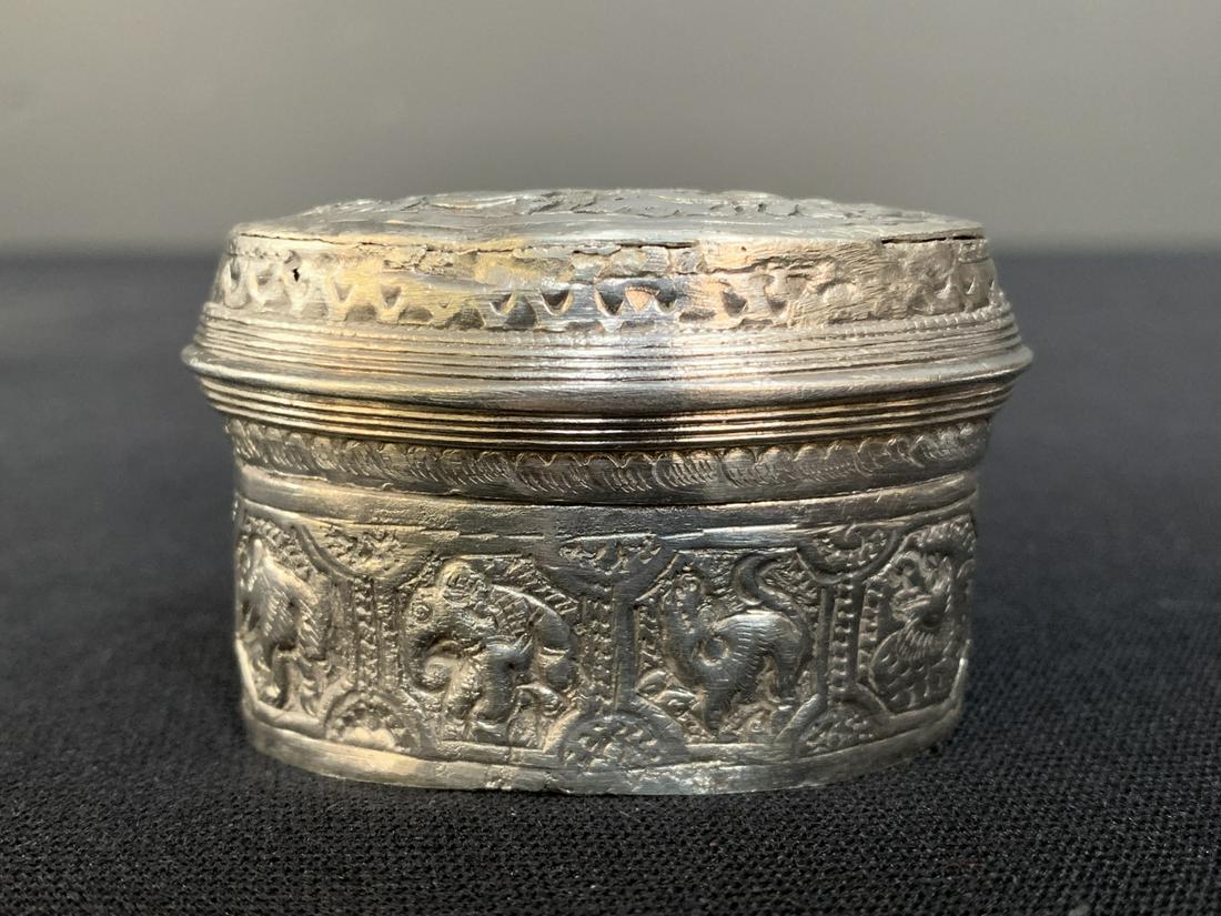 Asian Silver Repousse Pill Box, Signed (1 of 5)