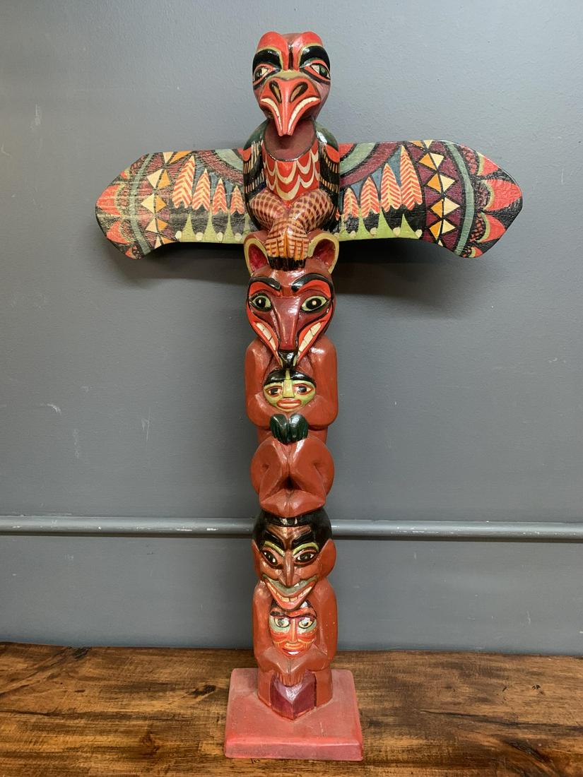 Polychromed Wood Carved Totem Pole, Louis Thomas: Polychromed Wood Carved Totem Pole, Louis Thomas, Signed 25 H x 16 W inches