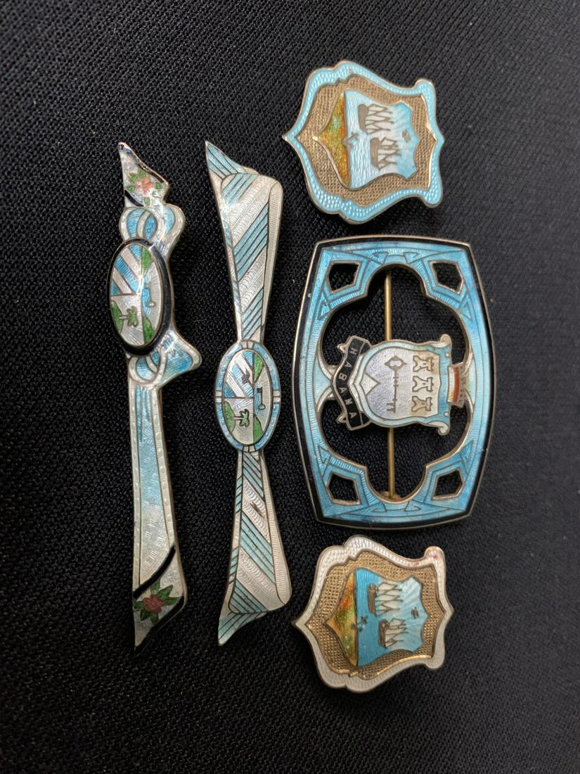 Enameled Sterling Silver Cuban Coat Of Arms Pins: Lot of Five Enameled Sterling Silver Cuban Coat Of Arms Pins. Shields - 1 x 1 inch, hallmarked C.H. Long pins - 3 x 0.25 inches, Hallmarked R.H Large pin - 1.5 x 2 inches, Hallmarked R.H, G.J.L.