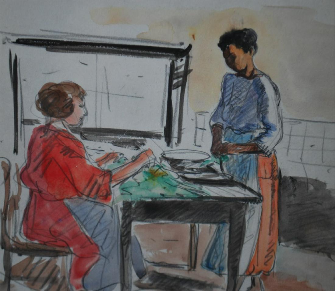 Henri Lebasque, 1865-1937: Henri Lebasque, French, 1865-1937, Preparing a Meal, Watercolor, 26x26 cm. Signed LRAcquired by the current owner from Christie's New York, 2011